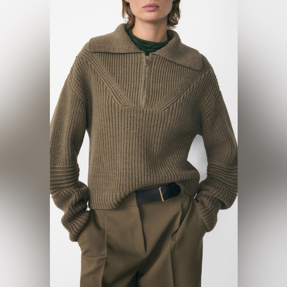 Mango Demy Collar Half Zip Rib Sweater in khaki green